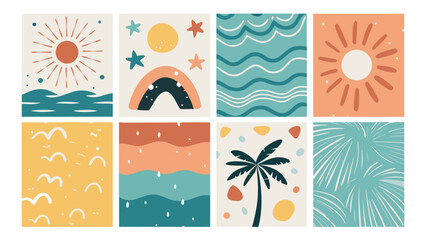 Fototapeta premium Eight Nautical Themed Summer Illustrations Sun Waves Rainbow Palm Tree Stars