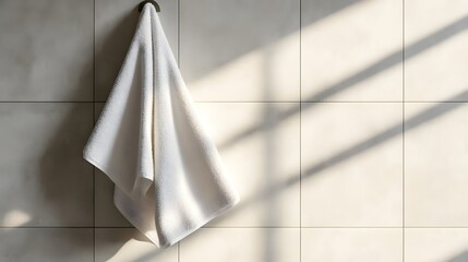 Photograph of a white towel hanging against a tiled wall with strong, geometric shadows.