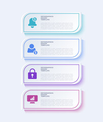 Neumorphism vertical infographic template. Layout of 4 options or processes with icons