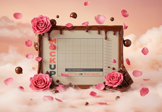 Horizontal Poster Image Mockup Chocolate Frame and Flowers