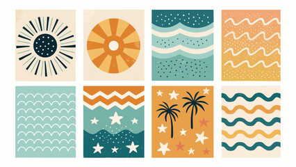 Eight Nautical Themed Summer Illustrations Sun Waves Stars Palm Trees