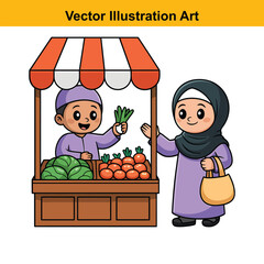Vector art of a muslim boy sells vegetables to a girl wearing a hijab at a stall