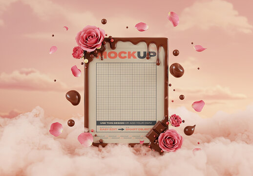Melted Chocolate Frame Mockup and Pink Flowers