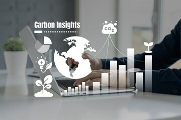 Futuristic data interface showing global carbon emissions, CO2 footprint, climate impact metrics, and eco monitoring. Carbon Emissions Insight with Global Data Visualization and CO2 Footprint Concept.