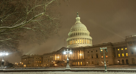 Washington DC in winter. American Capitol Building in snow. Washington city Capitol. United States...