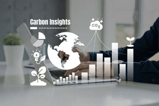 Futuristic data interface showing global carbon emissions, CO2 footprint, climate impact metrics, and eco monitoring. Carbon Emissions Insight with Global Data Visualization and CO2 Footprint Concept.