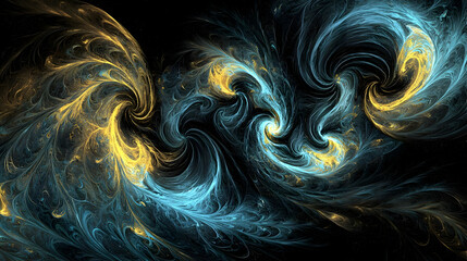 Abstract swirling patterns of golden and teal hues against a dark background.  Intricate, flowing designs create a sense of movement and depth