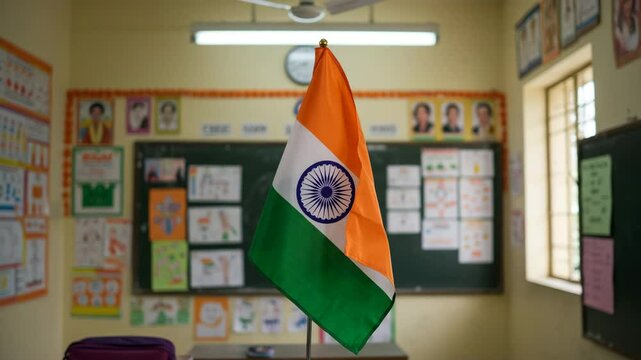 Indian flag displayed in a classroom with colorful educational materials  