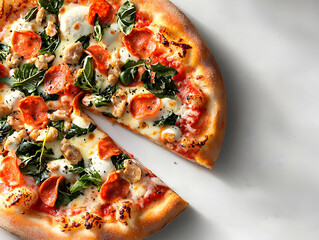 Pizza with sliced pepperoni, mozzarella, spinach, and fresh basil. A slice is removed, showing the crust and toppings