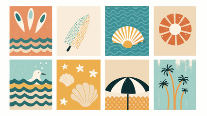 Naklejka premium Eight Naive Art Style Summer Illustrations with Seashells Palm Trees and Beach Elements