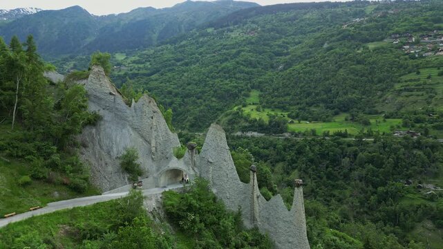 Aerial Shot Of Pyramides d'Euseigne, Geological Formations In The Alps