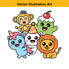 Vector art of a cute monkey, ice cream, unicorn, and lion isolated on white background