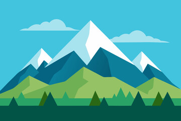 Stylized Mountain Landscape with Snow Capped Peaks Green Hills and a Blue Sky