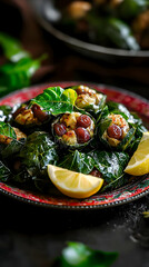 Stuffed leaves, possibly grape or cabbage, with a creamy filling and lemon
