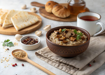 A bowl of mushroom porridge with bread, tea, and condiments on a table