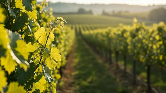 Vineyard rows with green grape leaves illuminated by sunlight  