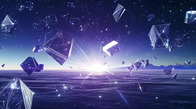 Crystalline fragments float in a twilight sky above a vast, placid sea.  Sunlight bursts through the fractured pieces