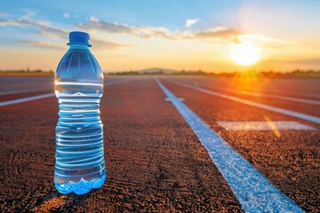 Hydration on track: water bottle at sunset