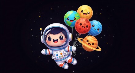 Adorable astronaut floating in space with planet balloons representing the solar system