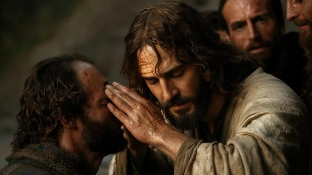 Sacred vision moment: Jesus Christ gesture, blind man healing, Savior hand, divine mercy, miracle power, spiritual light, compassionate act, restored sight, holy presence, transforming grace