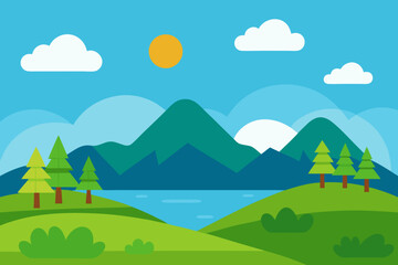 Fototapeta premium Cartoon Landscape with Mountains Lake Trees Clouds and Sun on a Bright Day