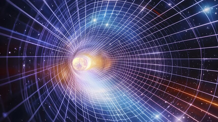 Obraz premium A swirling, gridded tunnel through space and time, with a celestial body at the center. Cosmic energy streams radiate outwards