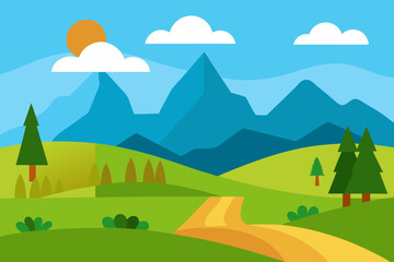Flat Design Landscape with Mountains Trees Path Sun and Clouds
