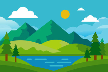 Obraz premium Flat Design Landscape with Mountains Lake Trees Clouds and Sun