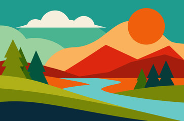 Stylized Landscape with River Mountains Trees Sun and Cloud in Flat Design