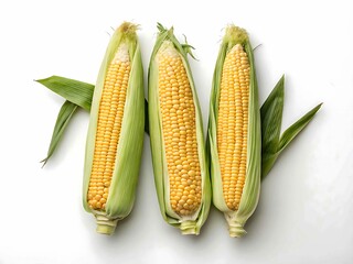 Three fresh ears of yellow corn with green husks and leaves isolated on white background