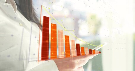 Woman tapping smartphone and shifting AR bar chart with trend line onto device for data insight - Powered by Adobe