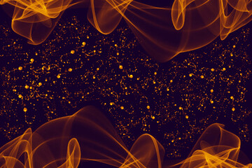 Abstract flowing golden fire ribbons and sparkling particles on a dark background