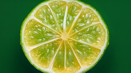 Photograph of a lime slice with segmented flesh and prominent seeds against a dark background.