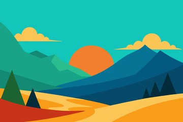 Colorful Flat Landscape Illustration with Mountains Trees and a Setting Sun