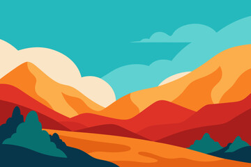 Stylized Mountain Landscape with Warm Colors and a Clear Blue Sky