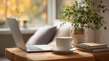 Cozy home workspace with laptop, books, and coffee on wooden table in soft focus. Modern laptop open to popular online learning platforms