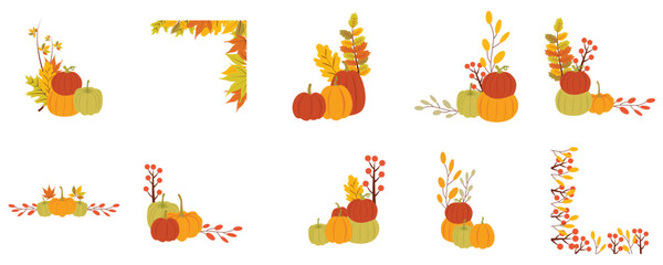 Set of vector corner with leaves and stack of orange, yellow and green pumpkin frames for fall, autumn vector template for Thanksgiving day isolated on white background