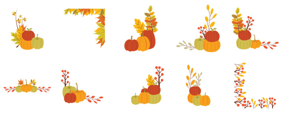 Set of vector corner with leaves and stack of orange, yellow and green pumpkin frames for fall, autumn vector template for Thanksgiving day isolated on white background