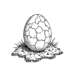 Obraz premium A detailed monochrome illustration of a cracked egg on a bed of grass, symbolizing new beginnings. A fresh start with life itself. vector illustration