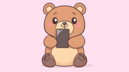Naklejka premium Digital illustration of a cute brown teddy bear holding a smartphone.