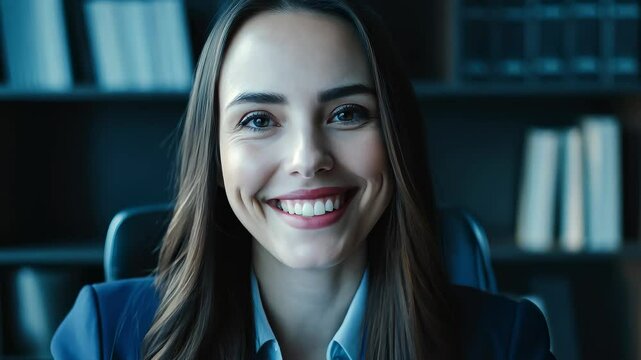 Professional woman smiling at camera at office desk