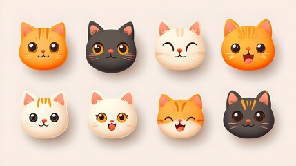Digital illustration of cute, cartoon cat faces in various colors and expressions, rendered in a 3D style.