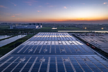 aerial view solar power station on rooftop