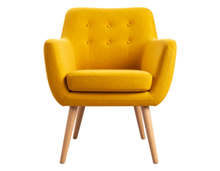 A yellow chair with wooden legs. Png format.