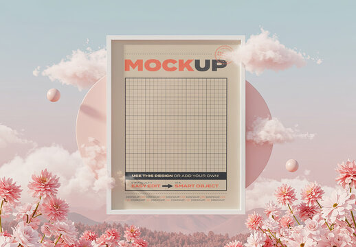 Pinks Natural Scene and Clouds Poster Frame Mockup Floating