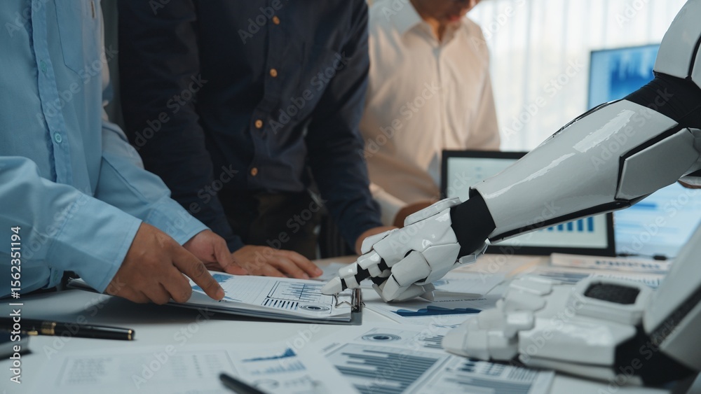 Poster a modern office scene shows a robot arm assisting humans in data analysis, emphasizing teamwork and 