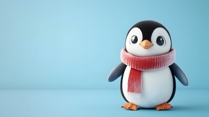 3D render of a cute, white penguin with a red scarf stands on a bright blue background.