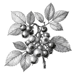 Fototapeta premium A delicate black and white illustration of a branch of blueberries, showcasing the intricate details of the leaves and berries. Perfect for artistic and educational uses. vector illustration