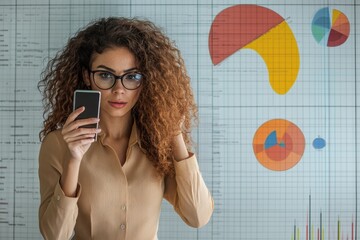 Data analysis over business metrics with a focus on biracial representation and technology use, data processing and diagrams over biracial man using smartphone