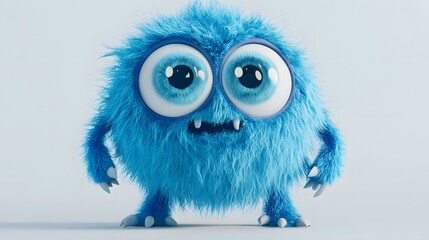 Fototapeta premium 3D render of a fluffy, blue monster with large, expressive eyes and tiny teeth.